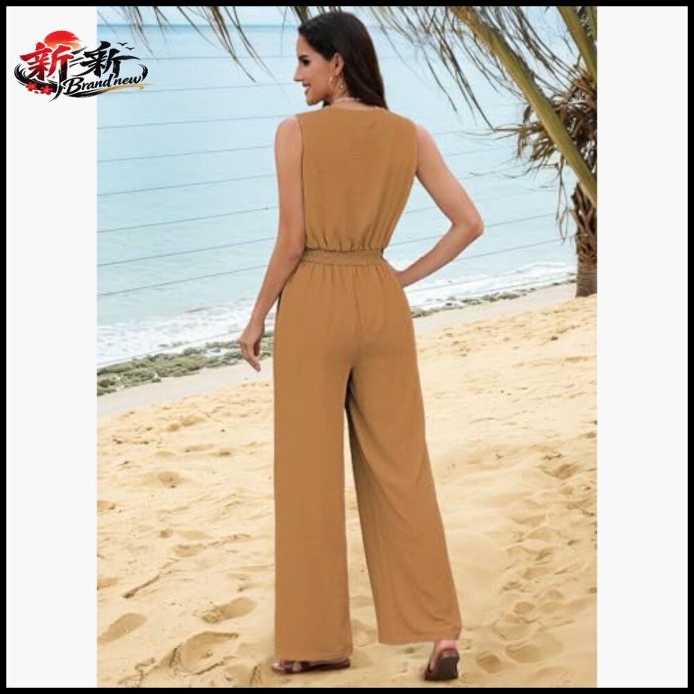 Sleeveless V-Neck Tie Front Wide Leg Jumpsuit Romper with Pockets - Picture 6 of 7